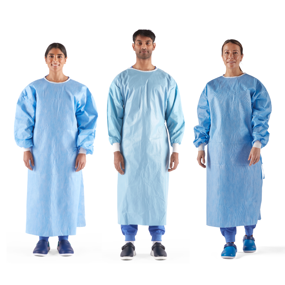 A visual showcasing the various high-performing surgical gown by Toffeln, all fully certified for use in healthcare. 